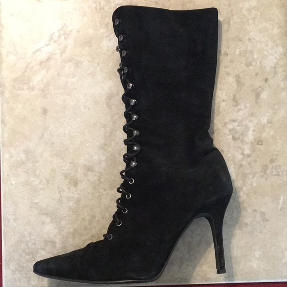 Black Genuine Suede Lace Up 3/4 Pointy Toe Boots - Picture 1 of 9